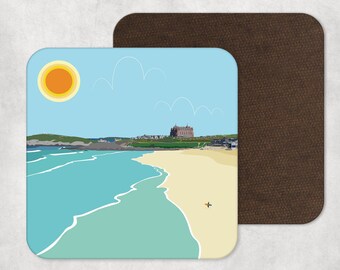 Illustrated Art, Artwork, Coaster, Coastal Print, Newquay, Fistral Beach, Cornwall, Home Decor