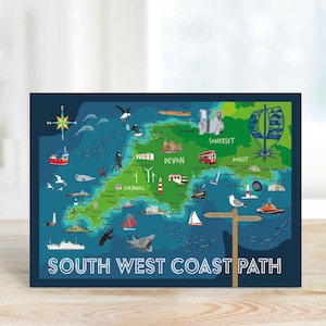 May include: A colourful illustrated map of the South West Coast Path in England. The map shows the coastline of Devon, Cornwall, Somerset and Dorset. The map is on a blue background with a compass rose in the top left corner. The text "South West Coast Path" is printed in large letters at the bottom of the map.