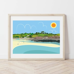 May include: A digital illustration of a beach scene with a bright orange sun, blue sky, white clouds, green trees, a sandy beach, and blue water.