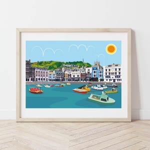 May include: A colourful illustration of a seaside town with a harbour full of boats. The town is built on a hillside with colourful buildings and a church steeple. The sky is blue with a bright yellow sun.