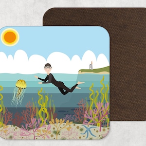 Illustrated Art, Artwork, Coaster, Coastal Print, Beside the Sea, Sea Swimmer, Wild Swimming, Quirky, Home Decor, Homewares