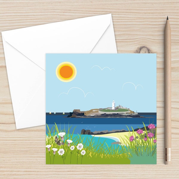 Blank Card, Godrevy Lighthouse, Gwithian, Cornwall, Coastal Art, Seaside Design, Beachlife