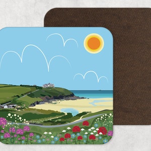 May include: A colourful illustration of a coastal scene with a white building on a green hill overlooking a sandy beach with blue water. The sky is blue with white clouds and a yellow sun. The foreground features a field of pink, red, white, and blue flowers.