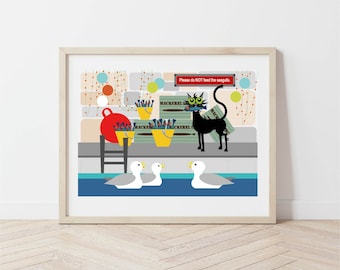 Harbourside Art Print: Quirky Black Cat, Coastal Illustration