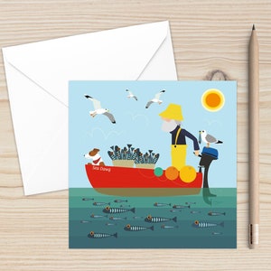 Coastal Art, Seaside Cards, Seaside Art, Blank Cards, Happy Birthday, Fishing Boat, Quirky, Sea Dawg, Fisherman