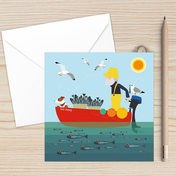 Coastal Art, Seaside Cards, Seaside Art, Blank Cards, Happy Birthday, Fishing Boat, Quirky, Sea Dawg, Fisherman