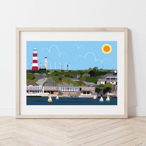 May include: A colourful illustration of a red and white lighthouse on a cliff overlooking a blue body of water with sailboats. The sky is blue with white clouds and a bright yellow sun.