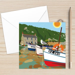 Penberth Harbour Art Card: Cornwall Coastal Scene