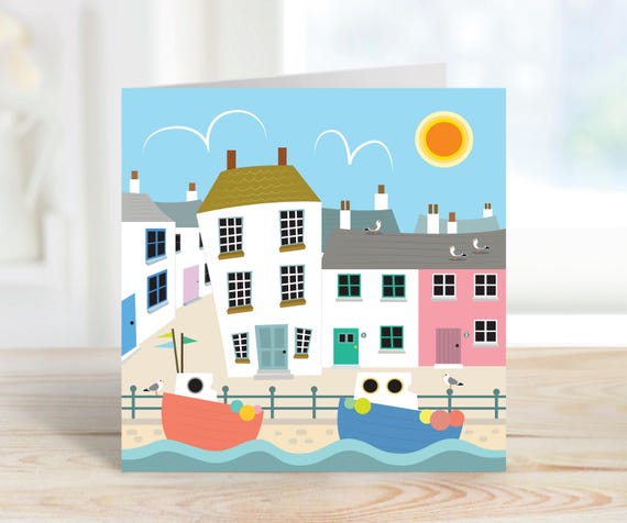 Coastal Harbour Art Card: Seaside Fishing Village, Blank Inside