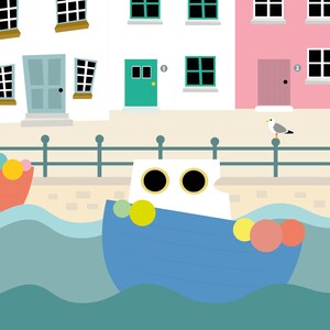 May include: A whimsical illustration of a seaside town with colorful buildings, boats, and a seagull. The buildings are white and pink with green and black windows. A blue boat floats on the water, and a seagull perches on a railing.