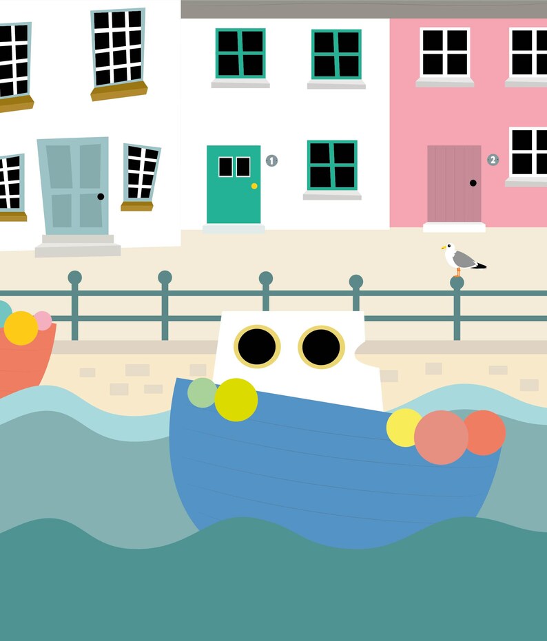May include: A whimsical illustration of a seaside town with colorful buildings, boats, and a seagull. The buildings are white and pink with green and black windows. A blue boat floats on the water, and a seagull perches on a railing.