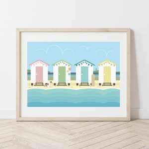 Pastel Beach Huts Art Print: Summer Seaside Illustration
