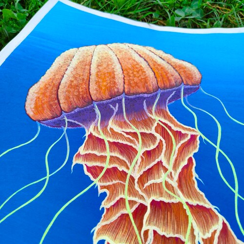 Orange jellyfish acrylic painting, sea world shops nursery decor, beach home decor, jellyfish illustration wall decor, underwater art