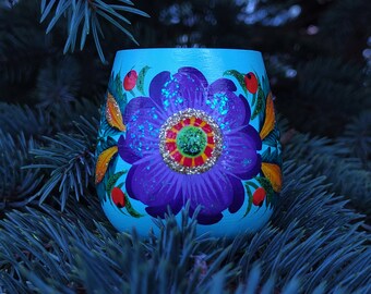 Ukrainian hand painted wooden tea light candle holder, Ukrainian wooden decor, small gifts in Petrykivka style, candle holder centerpiece.