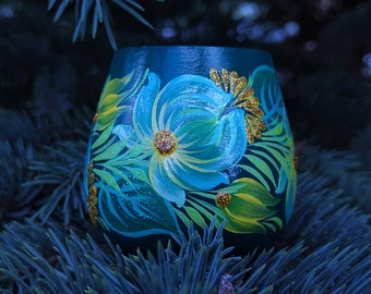 Ukrainian hand painted wooden tea light candle holder, Ukrainian wooden decor, small gifts in Petrykivka style, candle holder centerpiece.