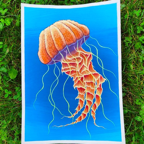 Orange jellyfish acrylic painting, sea world shops nursery decor, beach home decor, jellyfish illustration wall decor, underwater art