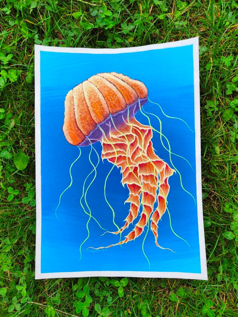 Orange jellyfish acrylic painting, sea world shops nursery decor, beach home decor, jellyfish illustration wall decor, underwater art