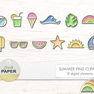 Summer clipart, beach clipart, enamel pin clipart, vacation clipart, summer pins, scrapbook embellishments
