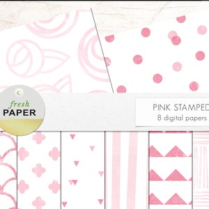 Różowy papier cyfrowy ze stemplem, różowy papier cyfrowy, papier cyfrowy, papier cyfrowy dla dziewczynek, papier ze stemplem, scrapbooking, papier w kropki