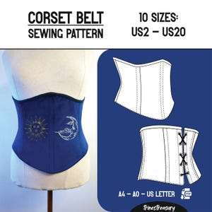 May include: A blue corset belt sewing pattern featuring a sun and moon graphic. The text reads CORSET BELT SEWING PATTERN, 10 SIZES: US2 – US20, A4 – A0 – US LETTER, and trinestreasure. Includes technical line drawings of the corset belt.