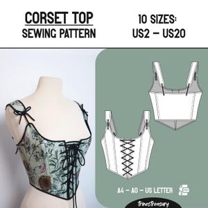 Padrão de costura de top espartilho + guia - Tamanhos XS - 2XL! A4, A0 e carta dos EUA - Download digital instantâneo