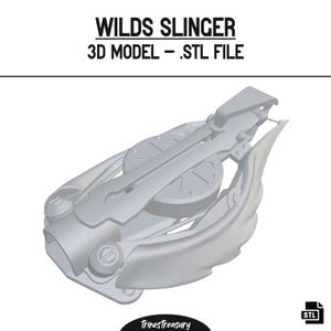 以下が含まれることがあります： 未来的なデザインのWilds Slingerの3Dモデル。ライトグレーを基調とし、曲線や円形の要素が複雑に組み合わされています。「WILDS SLINGER 3D MODEL - .STL FILE」のテキストが上部に表示されています。