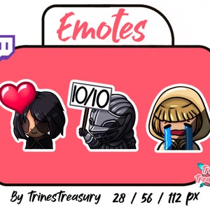 May include: A collection of Twitch emotes, including a character with a heart, a knight with a 10/10 sign, and a crying figure. The word "Emotes" is written in pink script. The image includes the Twitch logo and the text "By TrinesTreasury 28 / 56 / 112 px".