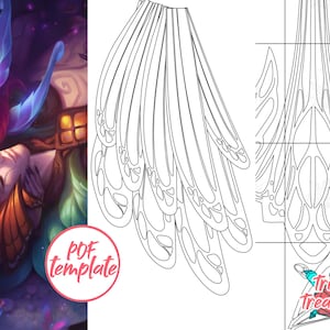 Puede incluir: Una plantilla PDF imprimible para un proyecto de papelcraft que presenta un diseño detallado de un ala de mariposa. La plantilla incluye una cuadrícula para facilitar el corte y el montaje. El texto "PDF template" es visible en la imagen.