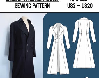 Basic Trenchcoat Schnittmuster + Anleitung – Größen US2 – US20! A4, A0 und US Letter - Sofortiger digitaler Download