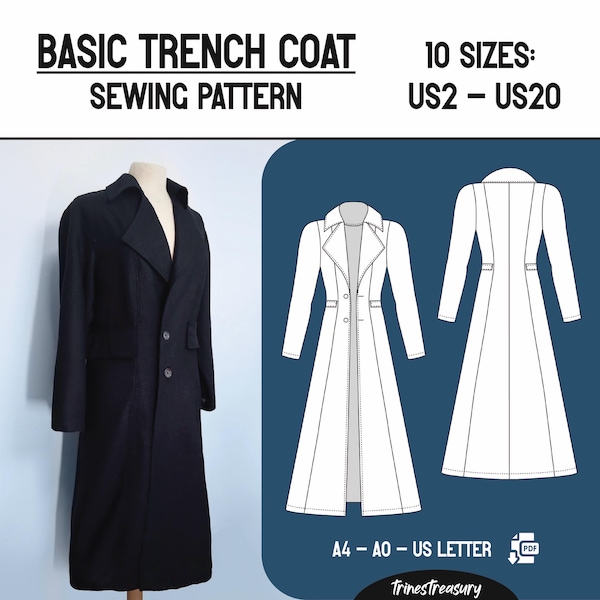 Basic trench coat sewing pattern + guide - Sizes US2 - US20! A4, A0 and US letter - Instant digital download