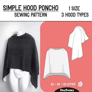 Simple hooded poncho sewing pattern + guide (3 different hood shapes/patterns) - One size - A4, A0 and US letter - Instant digital download