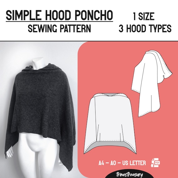 Simple hooded poncho sewing pattern + guide (3 different hood shapes/patterns) - One size - A4, A0 and US letter - Instant digital download