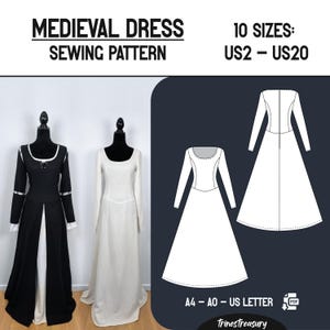 Medieval under- and overdress sewing pattern + guide - Now in sizes XS - 2XL! A4 and US letter - Instant digital download