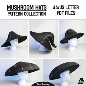 Può includere: Una collezione di cappelli neri a forma di fungo su teste di manichino bianche. I cappelli hanno un'ampia tesa e sono rifiniti con cuciture bianche. Il testo "MUSHROOM HATS PATTERN COLLECTION" e "A4/US LETTER PDF FILES" è visibile in alto.