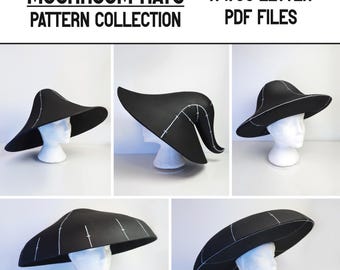 May include: A collection of black mushroom hats on white mannequin heads. The hats have a wide brim and are accented with white stitching. The text "MUSHROOM HATS PATTERN COLLECTION" and "A4/US LETTER PDF FILES" is displayed at the top.