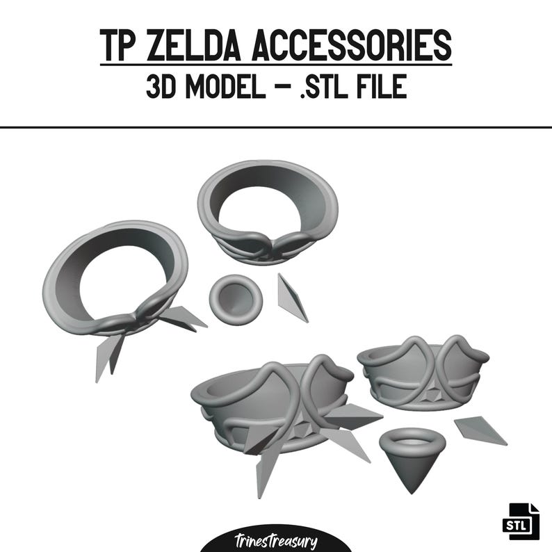 以下が含まれることがあります： ゼルダのアクセサリーの3Dプリント可能なSTLファイル。セットには、リング、クラウン、小さな装飾品が含まれています。このファイルは個人使用のみです。
