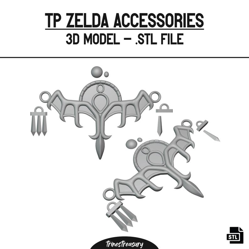 以下が含まれることがあります： ゼルダをモチーフにしたアクセサリーの3Dプリント可能なSTLファイルです。デザインは、中央に円形のデザインが施された羽根つきの装飾的なペンダントです。ペンダントは2つの異なる向きで表示されています。