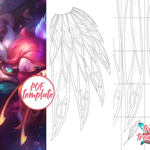 May include: A printable PDF template for a papercraft project. The template shows a detailed design for a pair of wings with intricate patterns and lines. The text "PDF template" is visible in the image.