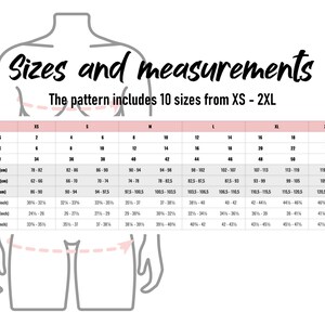 K&ouml;nnte beinhalten: Eine Gr&ouml;&szlig;entabelle f&uuml;r Kleidung mit Ma&szlig;en in Zoll und Zentimetern. Die Tabelle umfasst 10 Gr&ouml;&szlig;en von XS bis 2XL. Die Tabelle zeigt die Ma&szlig;e f&uuml;r Brust, Taille und H&uuml;fte.