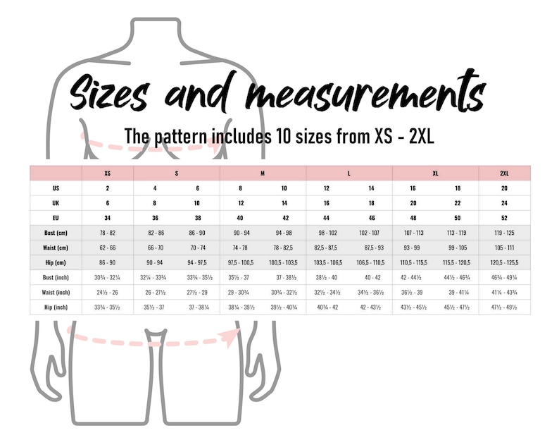 K&ouml;nnte beinhalten: Eine Gr&ouml;&szlig;entabelle f&uuml;r Kleidung mit Ma&szlig;en in Zoll und Zentimetern. Die Tabelle umfasst 10 Gr&ouml;&szlig;en von XS bis 2XL. Die Tabelle zeigt die Ma&szlig;e f&uuml;r Brust, Taille und H&uuml;fte.