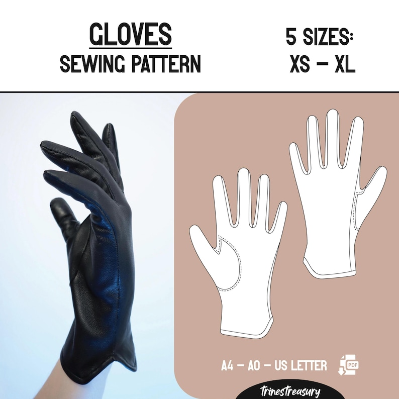 Puede incluir: Guante de cuero negro con una ilustraci&oacute;n de patr&oacute;n de costura. El texto dice "GLOVES SEWING PATTERN" y "5 TALLAS: XS - XL". El patr&oacute;n est&aacute; disponible en formato A4-A0-US LETTER PDF.
