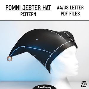 May include: Black Pomni Jester Hat pattern with white stitching details and a gold-colored ball at the tip. The text "POMNI JESTER HAT PATTERN" is displayed above the hat. The text "A4/US LETTER PDF FILES" is also displayed.