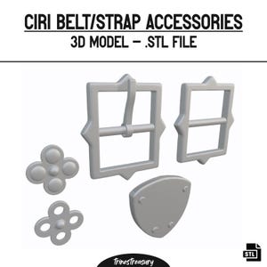 May include: A set of five silver-colored metal belt accessories for crafting. The set includes two buckles, two decorative pieces with four holes, and a shield-shaped piece with four holes.