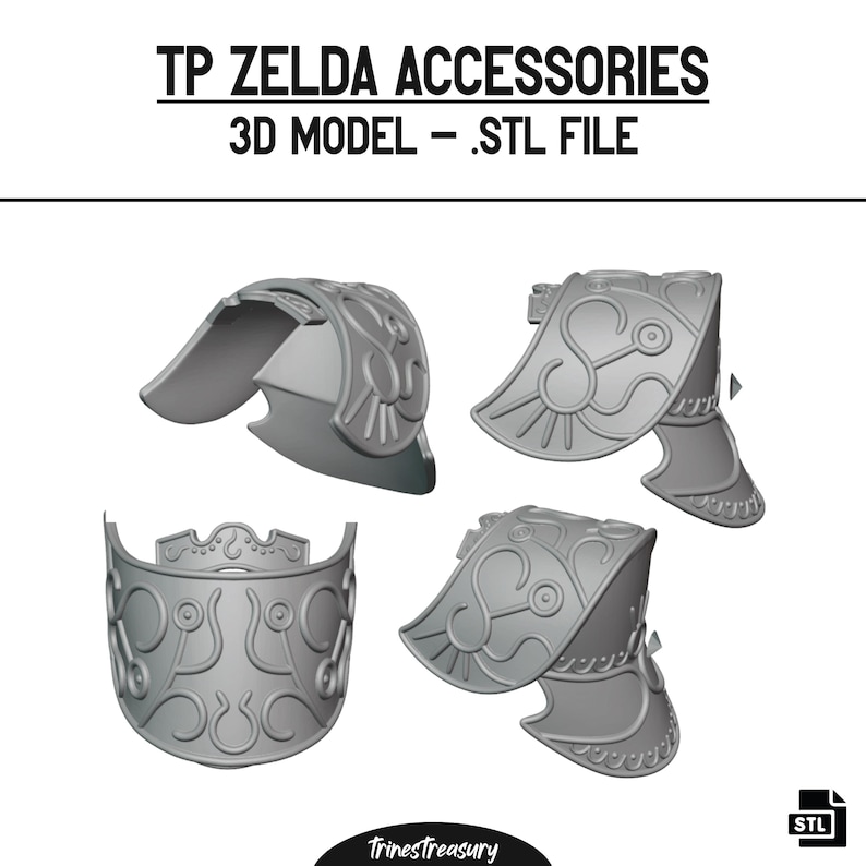 以下が含まれることがあります： ゼルダのアクセサリーの3DプリントSTLファイル4つ。アクセサリーはグレーで、複雑なデザインが施されています。