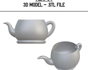 以下が含まれることがあります： STLファイル形式のティーポットの3Dモデル。ティーポットは、注ぎ口と取っ手のあるシンプルで丸みを帯びたデザインです。モデルは2つの異なる角度から表示されています。