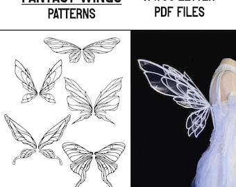 Puede incluir: Imagen en blanco y negro con patrones de alas de fantasía y un par de alas transparentes. El texto en la parte superior dice "FANTASY WINGS PATTERNS" y "A4/US LETTER PDF FILES". Las alas están detalladas.