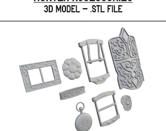 May include: A set of 3D printed hunter accessories, including a belt buckle, a pocket watch, a small box, and a decorative piece. The accessories are all made in a light gray color and have intricate details. The image includes the text "HUNTER ACCESSORIES 3D MODEL - .STL FILE".