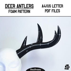 May include: Black foam deer antlers pattern for crafting. The pattern includes lines and numbers for cutting and assembling. A4/US Letter PDF files.