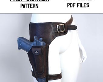 May include: A brown leather prop carrier with a buckle and a holster holding a blue prop gun. The text "PROP CARRIER PATTERN" and "A4/US LETTER PDF FILES" are at the top. The Etsy shop name "TrinesTreasury" is at the bottom.