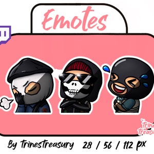 May include: Three cartoon characters with different expressions. The character on the left is covering their mouth with their hand and has a white mask. The character in the middle is wearing sunglasses and a skull mask. The character on the right is laughing and has a black mask. The characters are on a pink background with the text "Emotes" at the top and "By TrinesTreasury 28 / 56 / 112 px" at the bottom.